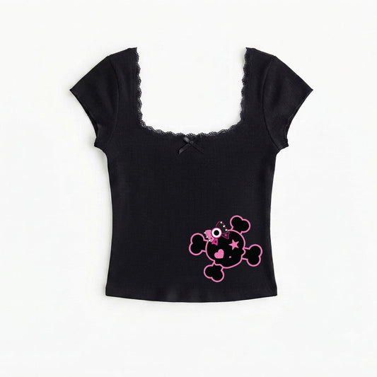 Pink Skull Crossbones Lace Trim Baby Tee