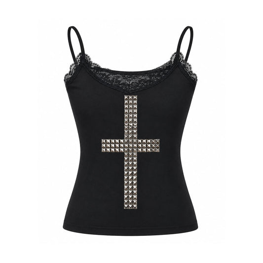 Stud Cross Lace Cami Crop Top | Scene Emo Y2K Tank Top
