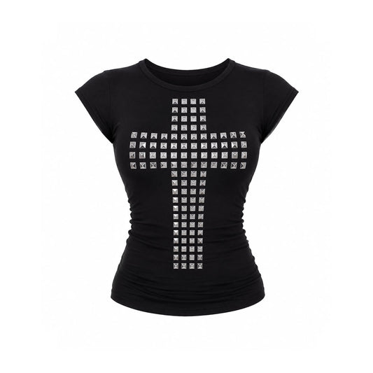 Stud Cross Baby Tee | Scene Emo Y2K Fitted Cotton Tee