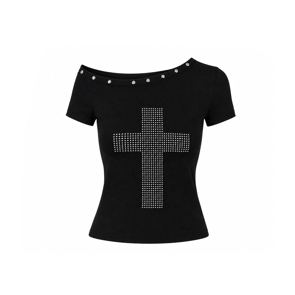 Rhinestone Cross Off Shoulder Tee | Scene Emo Y2K Cotton Top