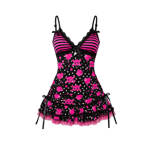 Limited Edition-Pink Skull Cupcake Polka Dot Ruffle Mini Dress