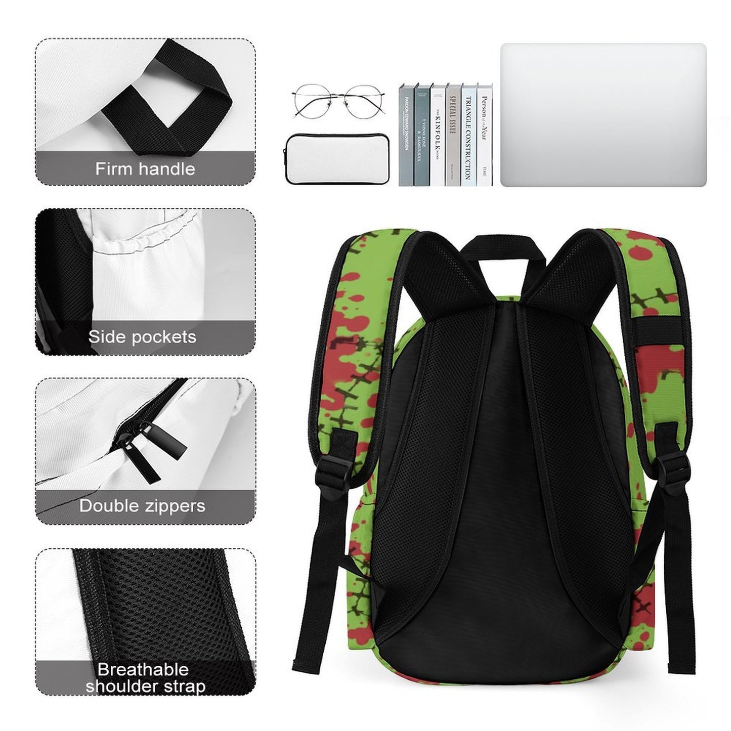Zombie Stitches Green Scene Backpack – Blood Splatter Horror Bag
