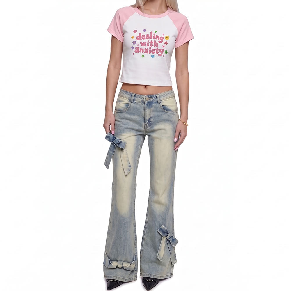 High Waist Bow Detail Flare Jeans – Y2K Wide Leg Denim Pants