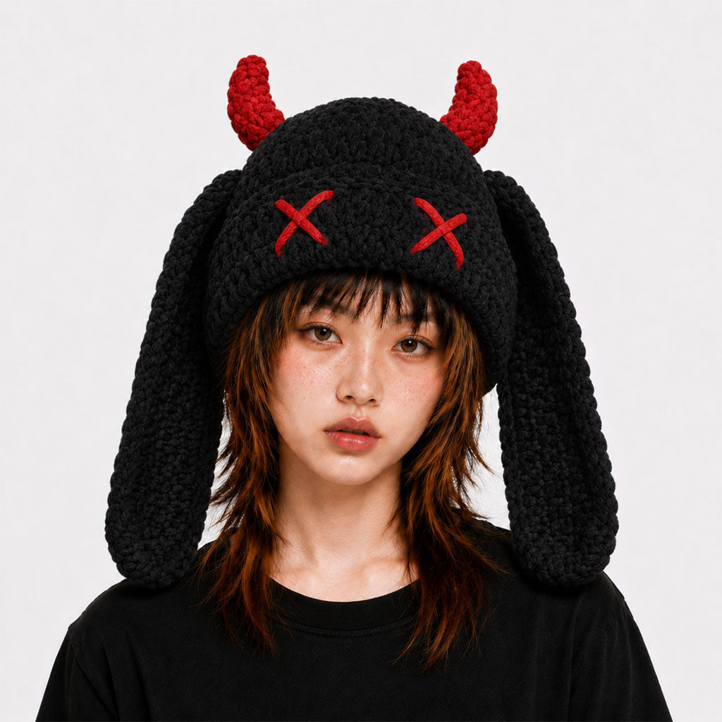 Hand-Crocheted Devil Horn Knit Hat
