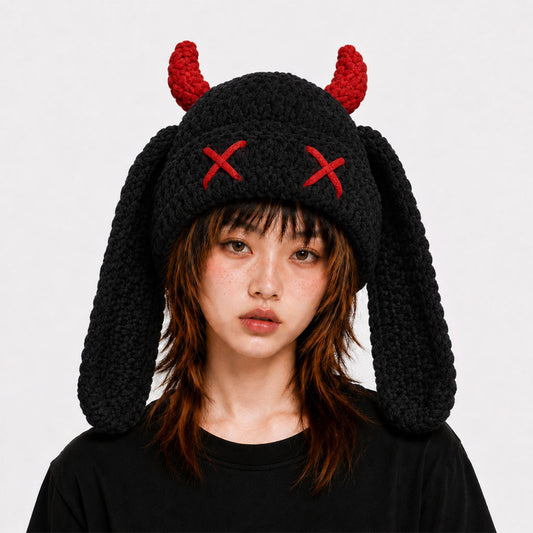 Hand-Crocheted Devil Horn Knit Hat