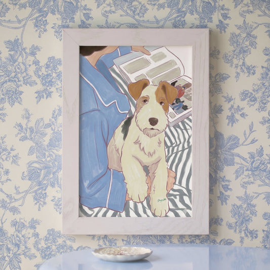 Wire Fox Terrier Morning Illustration Poster – Cozy Bedroom Dog Art Print