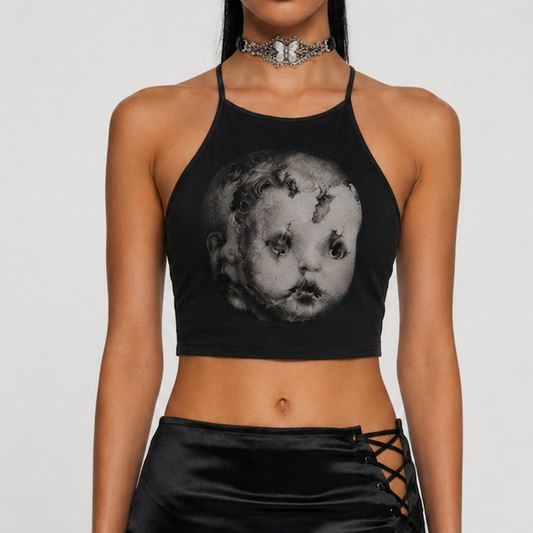 Broken Goth Doll Graphic Halter Crop Top – Backless Strappy Y2K Club Camis