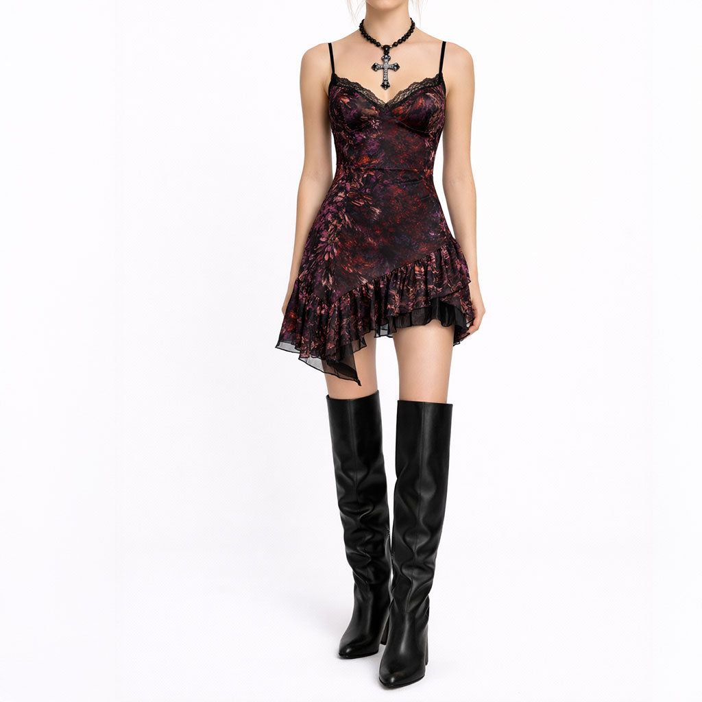 Dark Floral Lace Mini Dress – Asymmetrical Ruffle Slip Dress
