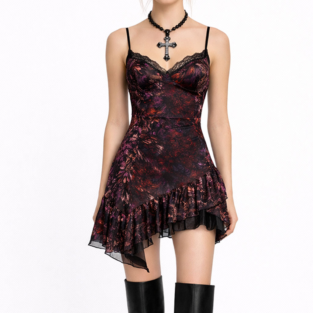 Dark Floral Lace Mini Dress – Asymmetrical Ruffle Slip Dress