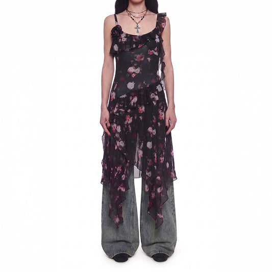 Dark Floral Asymmetrical Ruffle Midi Dress – Sheer Layer Slip Dress