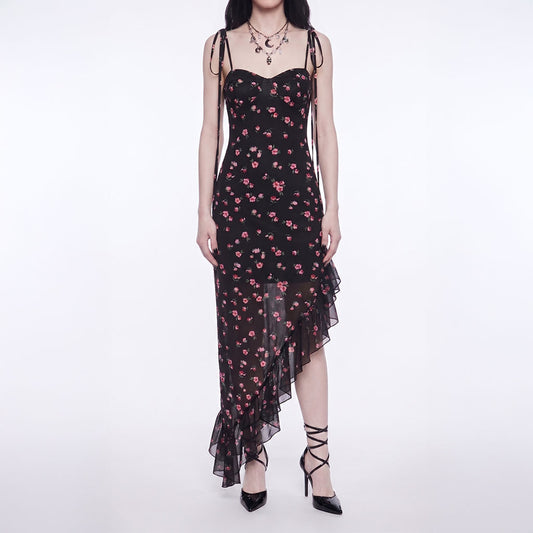 Black Floral Asymmetrical Midi Dress – Sheer Ruffle Slip Dress