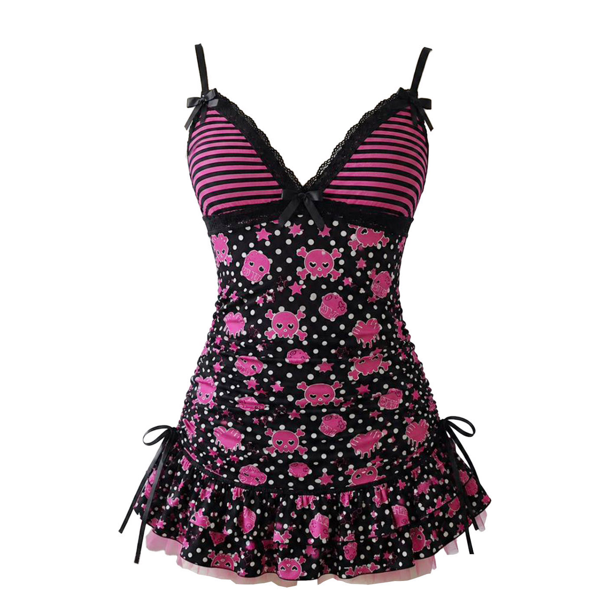 Limited Edition-Pink Skull Cupcake Polka Dot Ruffle Mini Dress