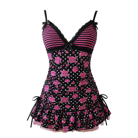 Limited Edition-Pink Skull Cupcake Polka Dot Ruffle Mini Dress