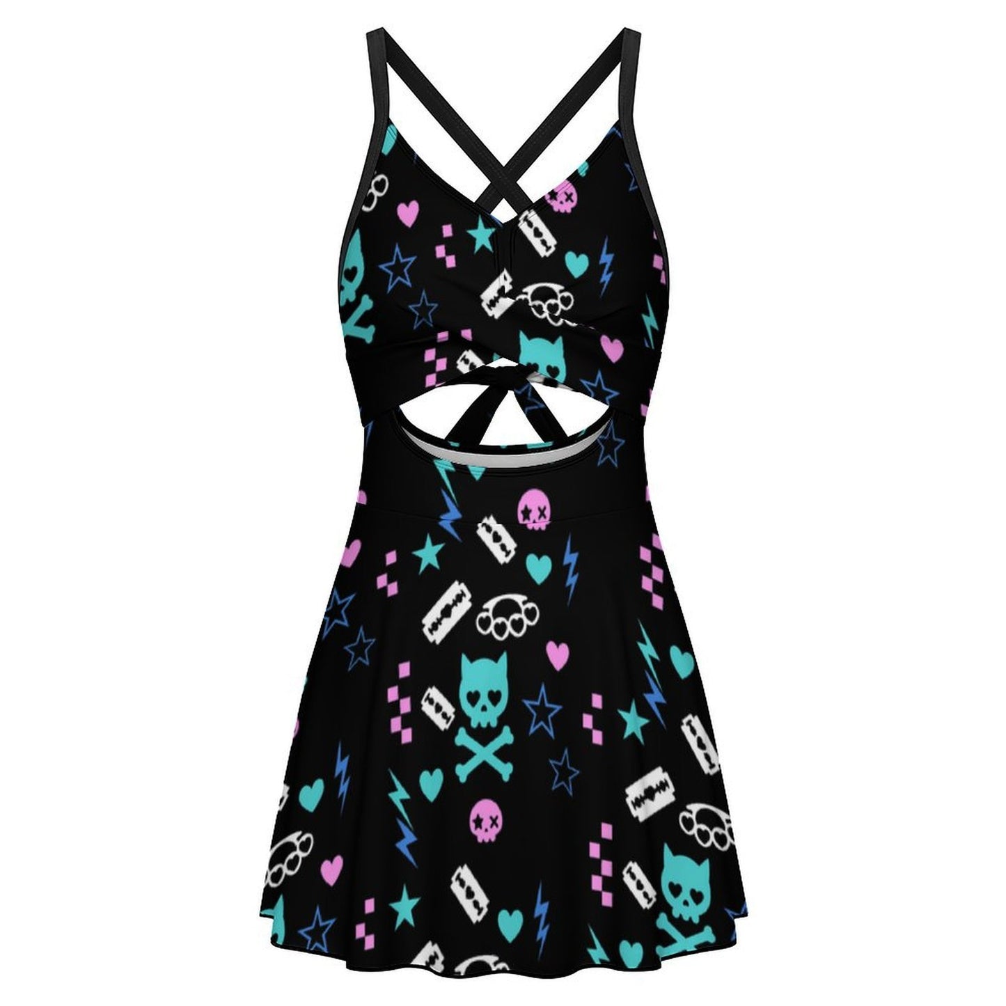 Electric Cat Scene Queen Cutout Swim Dress