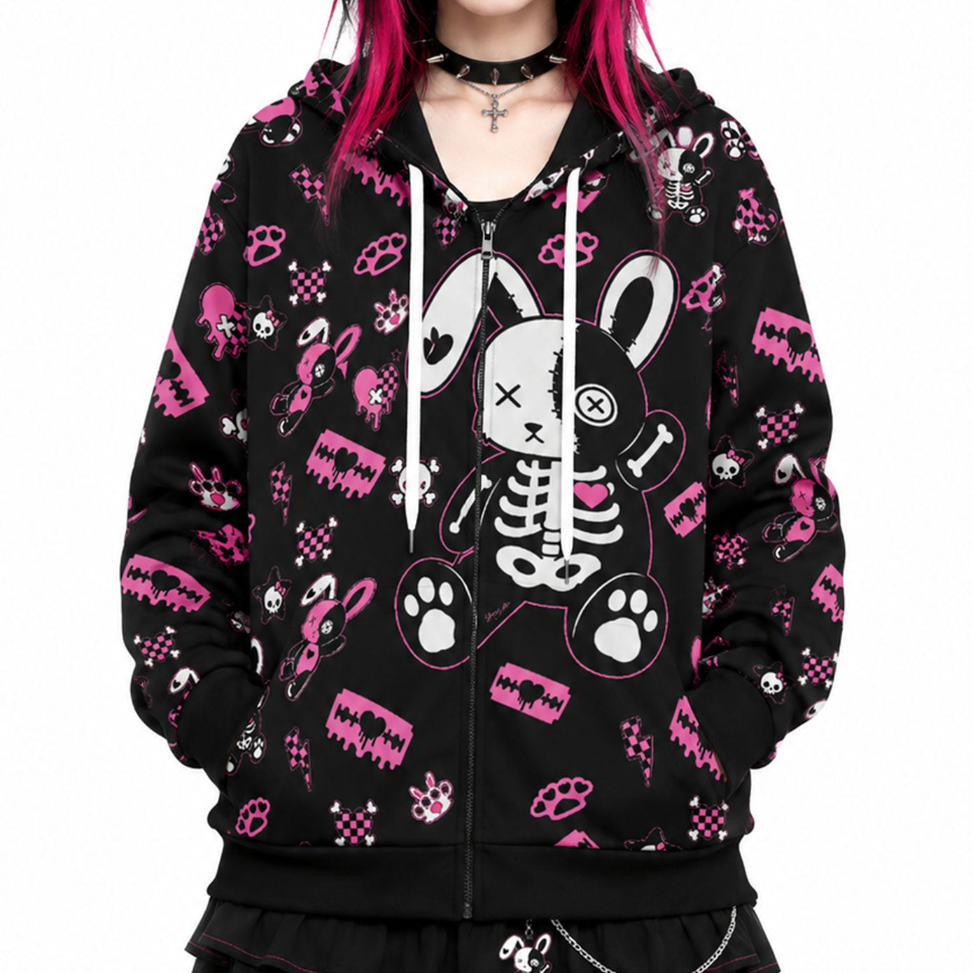 Zombie Skeleton Bunny Zip-Up Hoodie – Pink & Black Scene Core