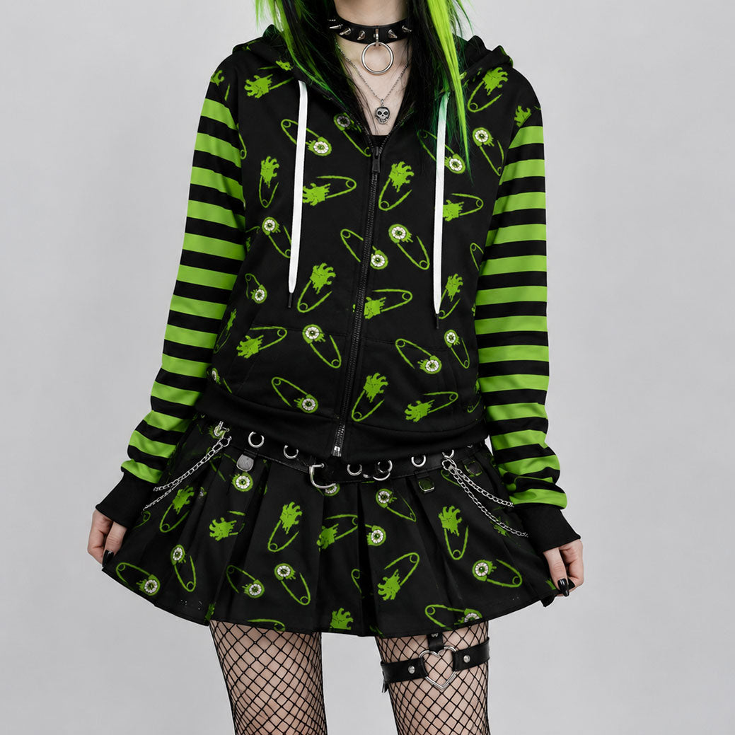 Alien Zombie Safety Pin Stripe Sleeve Unisex Zip Hoodie (XS–6XL)