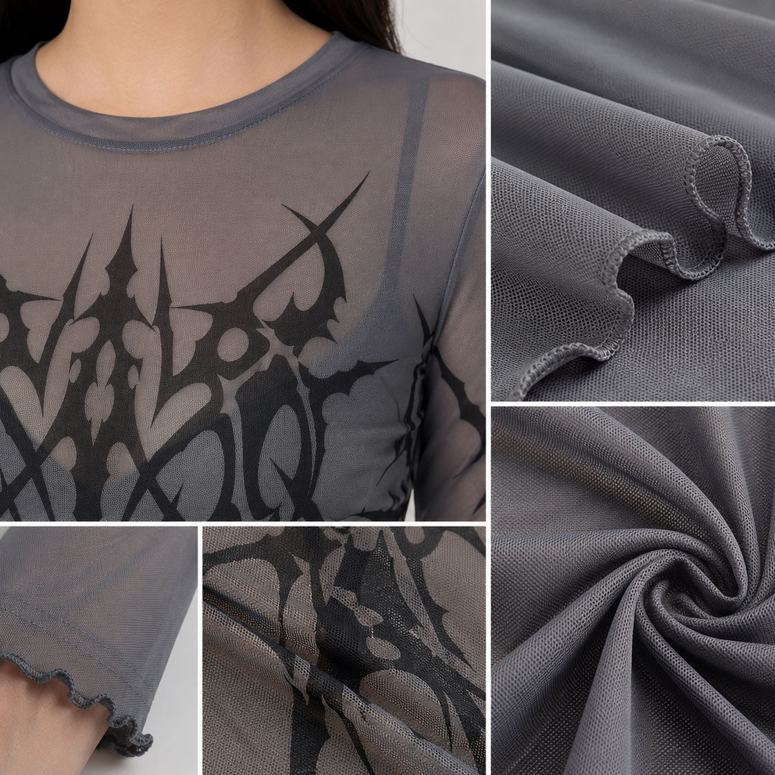 Smoke Sigil Sheer Mesh Long Sleeve Top | Emo Scene Y2K