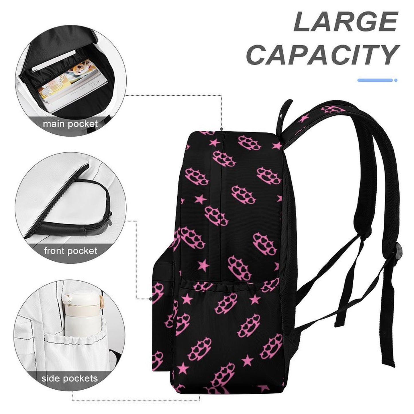 Pink Brass Knuckle Star Scene Backpack – Black Emo Y2K Bag