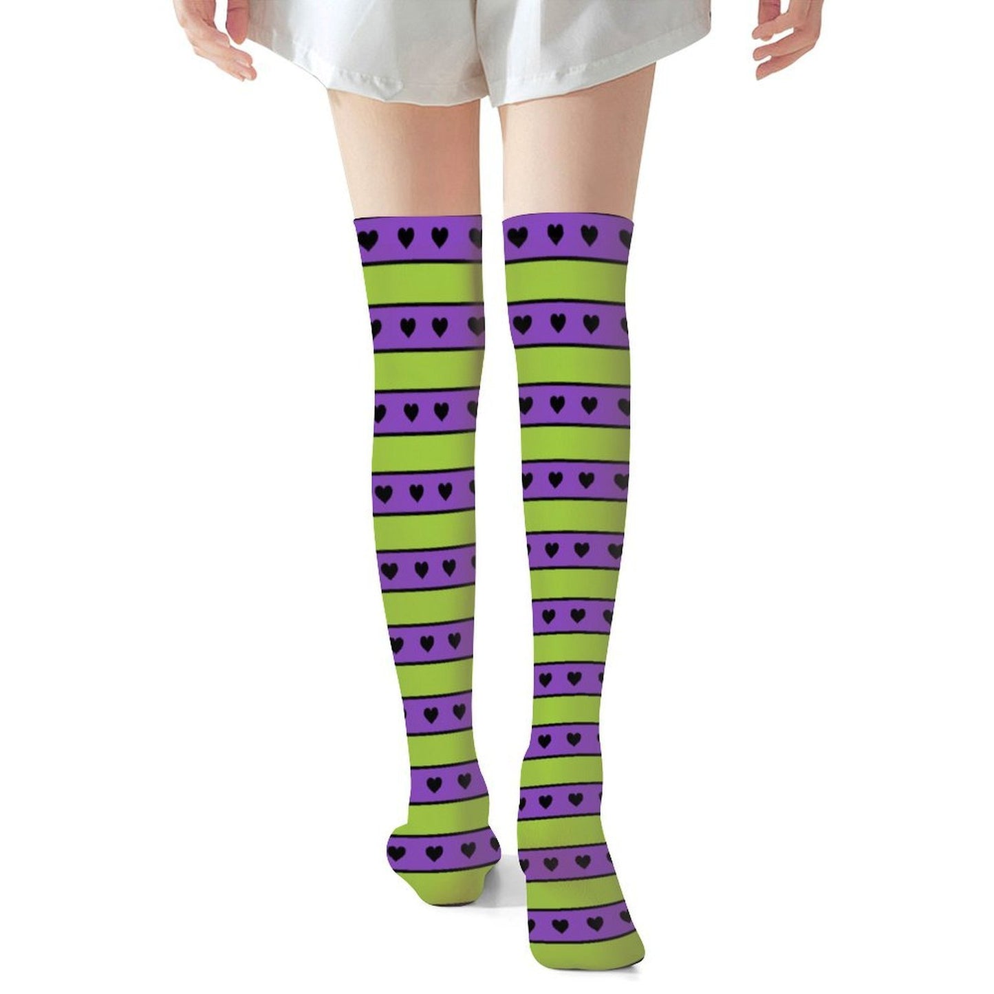 Purple Lime Heart Stripe Over The Knee Stockings | Emo Scene Goth Fashion