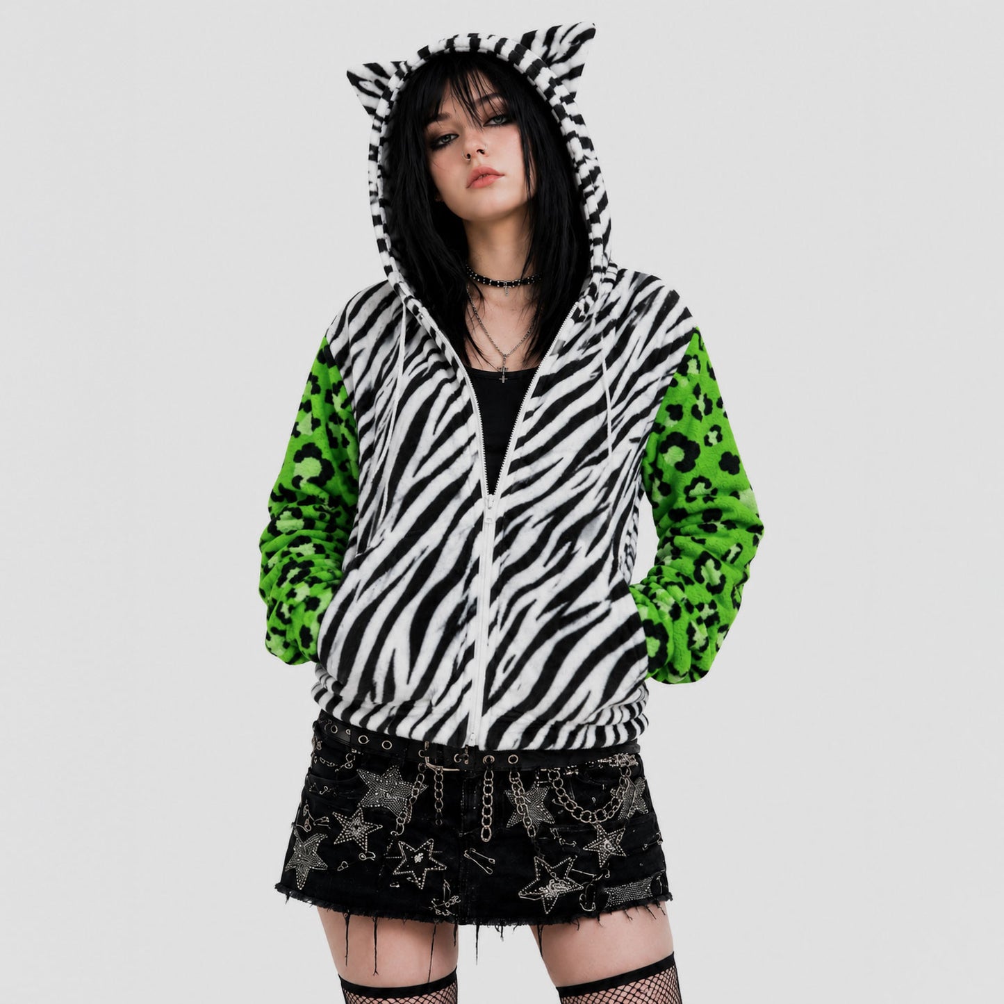 Neon Zebra Leopard Cat Ear Fleece Zip Hoodie Jacket (S–5XL)