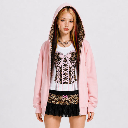 Pink Leopard Lined Zip Hoodie – Y2K Streetwear Oversized Jacket