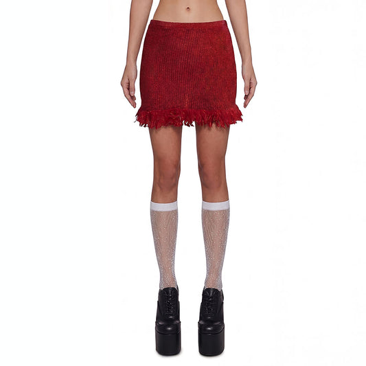 Red Fringe Mini Skirt – Slim Fit Textured Tassel Hem Skirt