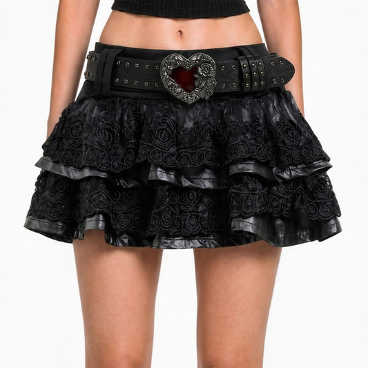 Gothic Lace Layered Mini Skirt with Heart Buckle Belt – GOTH GYARU Ruffle Skirt