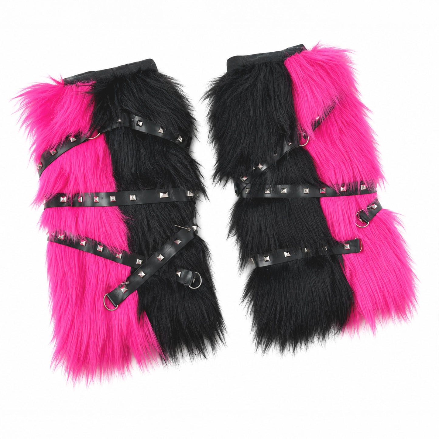 TWO MOODS Pink & Black Studded Faux Fur Leg Warmers