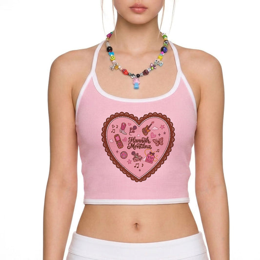 Hannah Heart Graphic Pink Contrast Trim Camisole Crop Top
