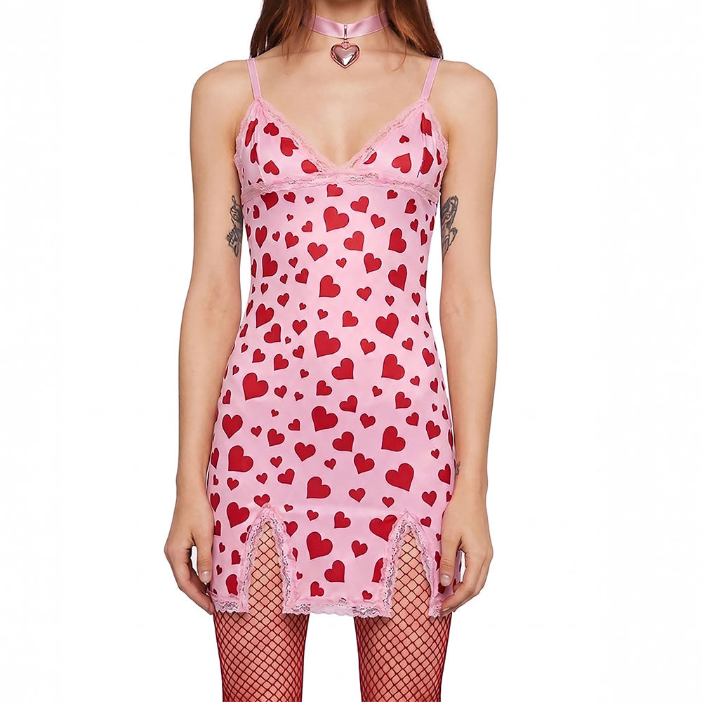 Heart Print Lace Trim Mini Dress – Y2K Pink Slip Dress