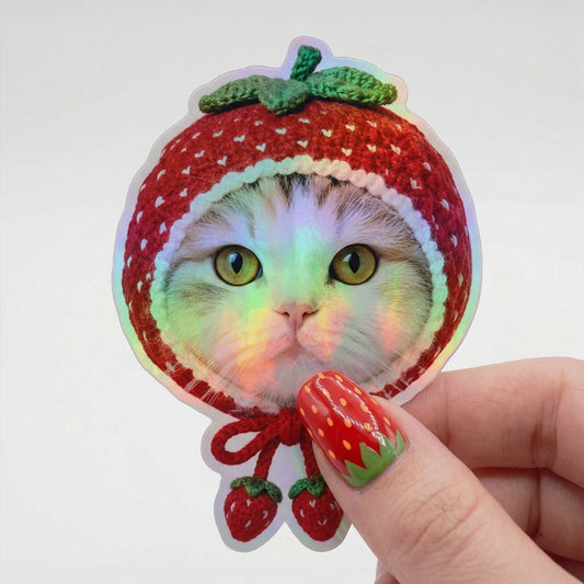 Holographic Strawberry Crochet Cat Sticker – Rainbow Vinyl Kiss-Cut
