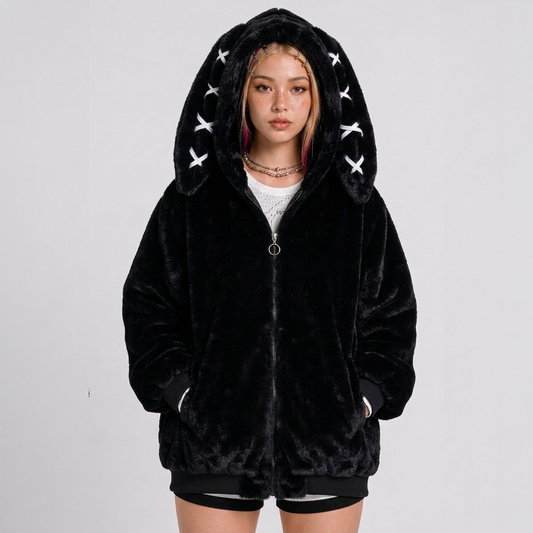 Bunny Ear Faux Fur Oversized Hoodie Coat
