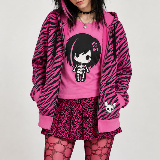Scene Kid Pink Zebra Zip Hoodie – Emo Y2K Oversized Alt Fashion Jacket