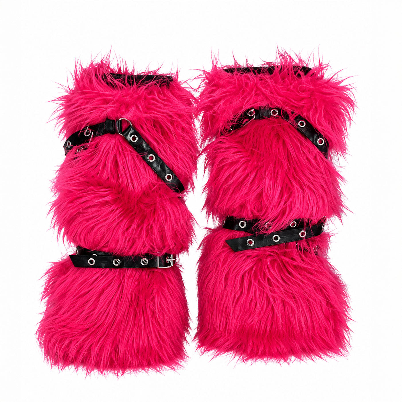 Hot Pink Shaggy Fur Leg Warmers with Buckle Straps