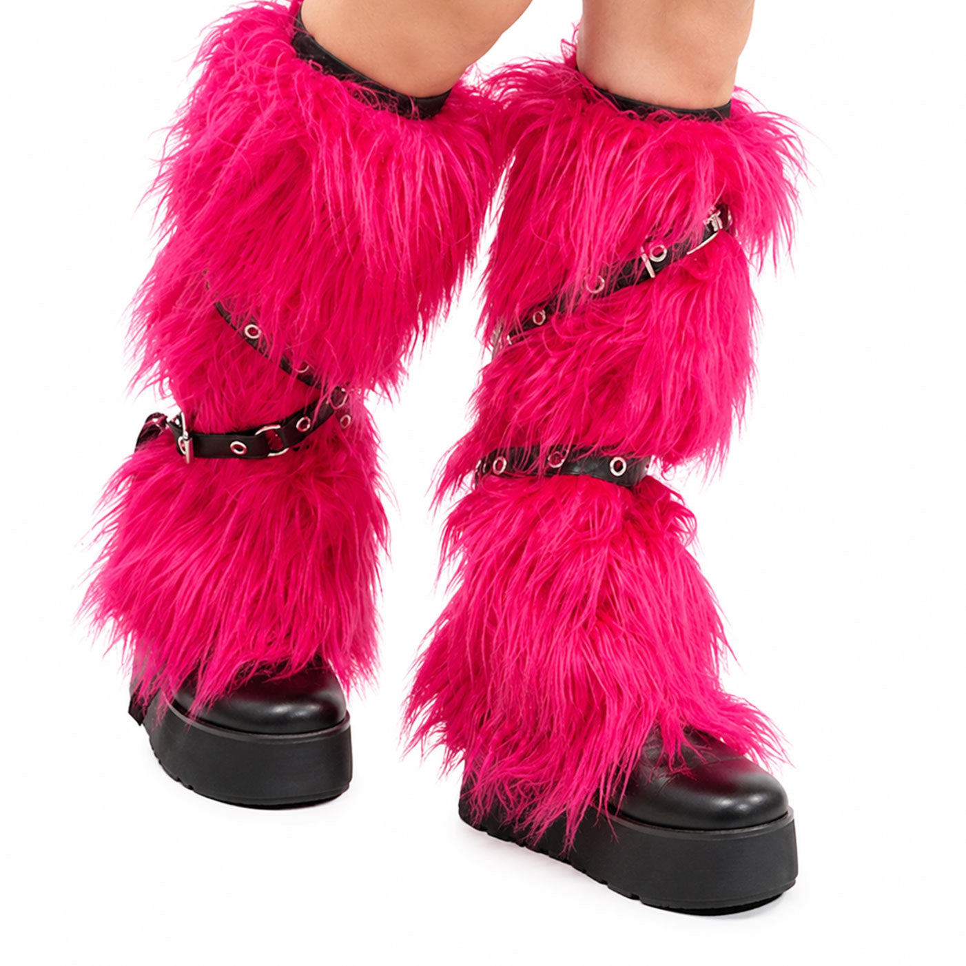 Hot Pink Shaggy Fur Leg Warmers with Buckle Straps
