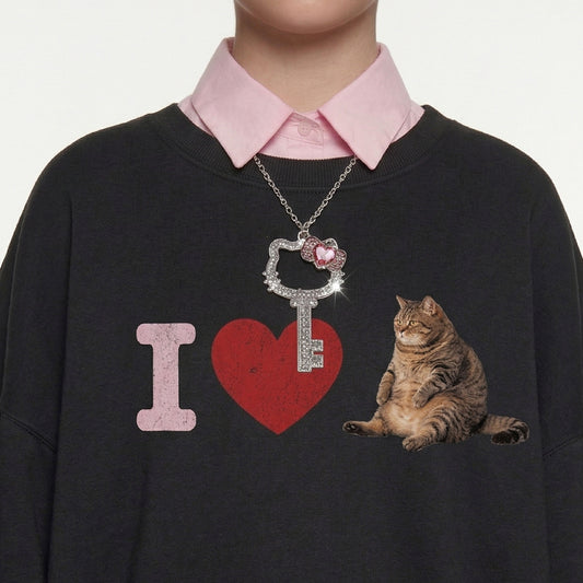 I Love Cat Oversized Sweatshirt – Cute Graphic Cat Crewneck Pullover