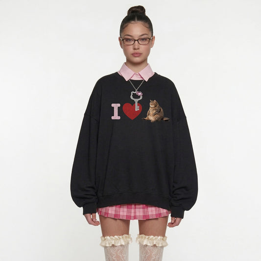I Love Cat Oversized Sweatshirt – Cute Graphic Cat Crewneck Pullover