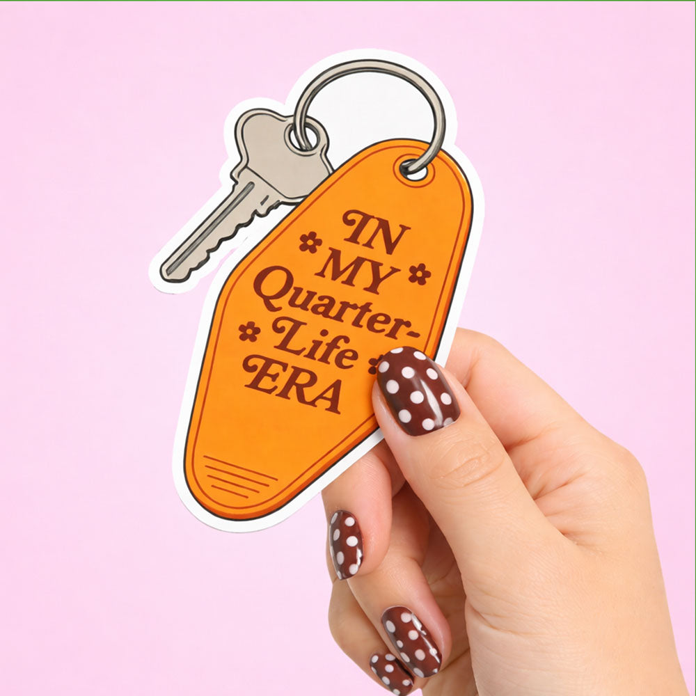 In My Quarter Life Era Motel Key Tag Sticker – Retro Orange Keychain Vinyl Decal
