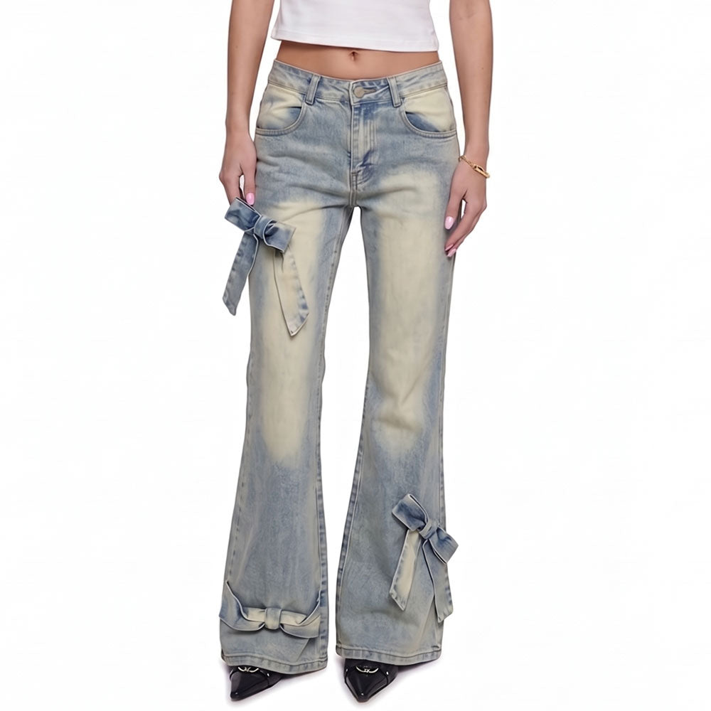 High Waist Bow Detail Flare Jeans – Y2K Wide Leg Denim Pants