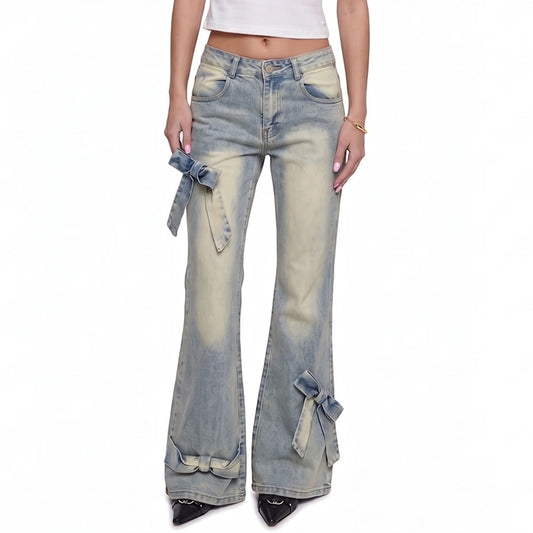 High Waist Bow Detail Flare Jeans – Y2K Wide Leg Denim Pants