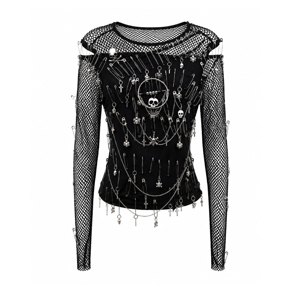 Gothic Safety Pin Mesh Long Sleeve Top