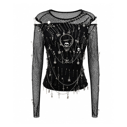 Gothic Safety Pin Mesh Long Sleeve Top
