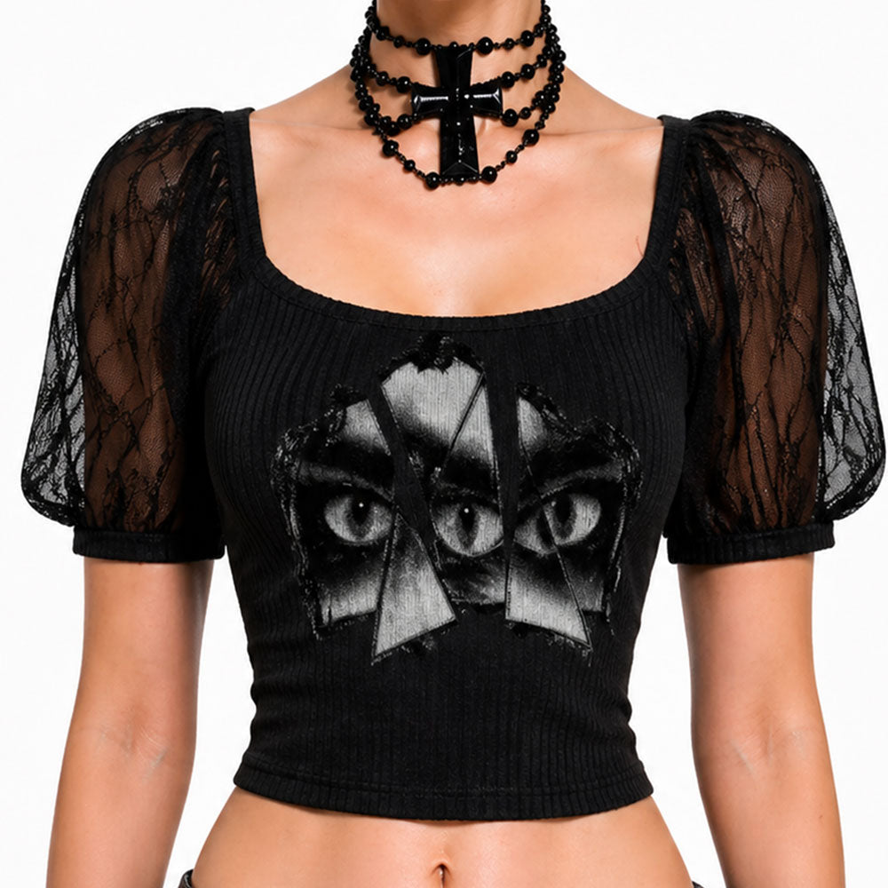 Goth Eyes Lace Puff Sleeve Crop Top