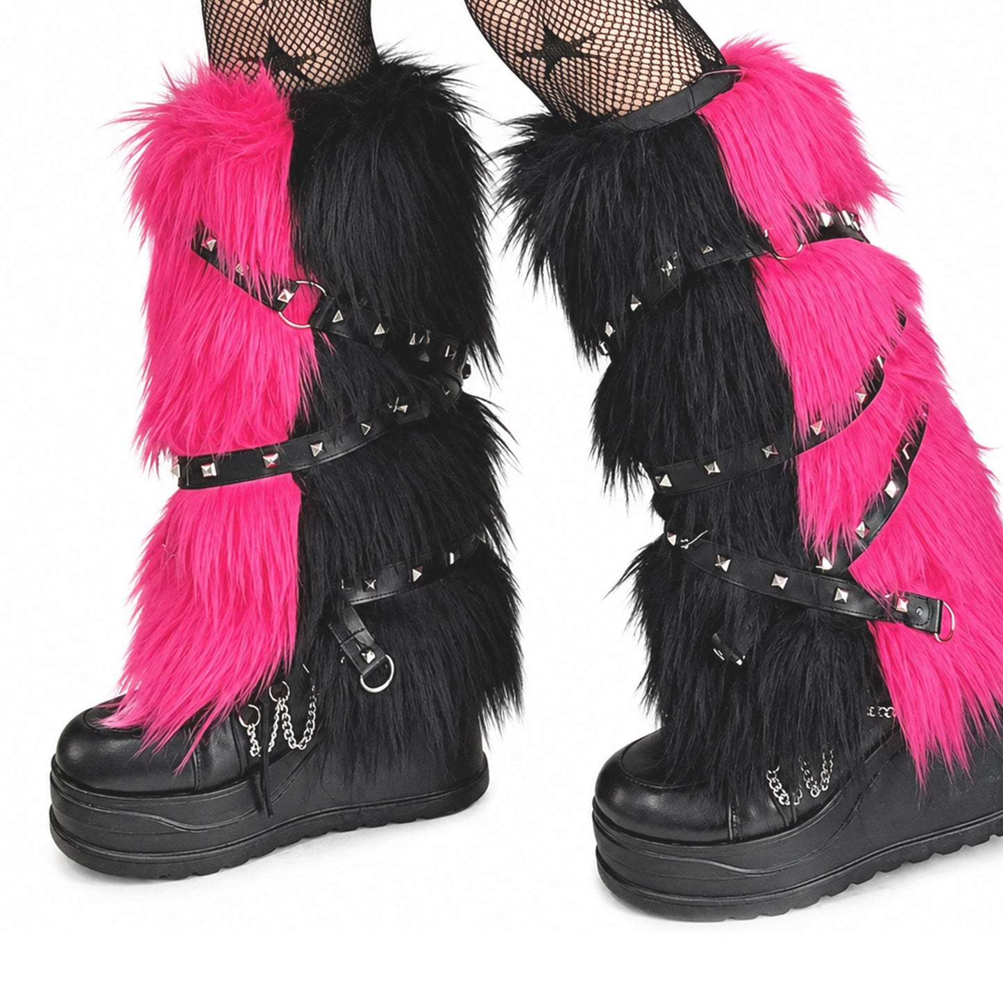 TWO MOODS Pink & Black Studded Faux Fur Leg Warmers