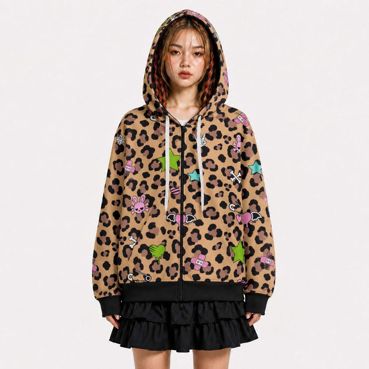 Leopard Kawaii Scene Unisex Cotton Zip Hoodie