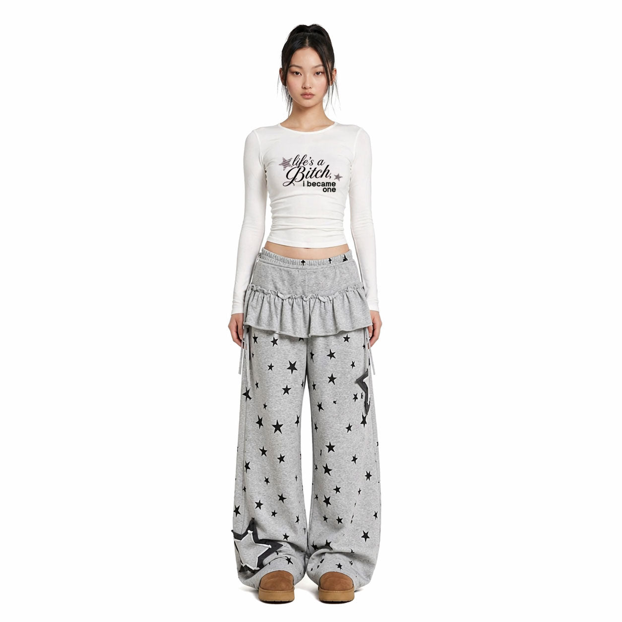 Star Ruffle Layer Wide Leg Pants – Soft Cotton Blend Lounge Trousers