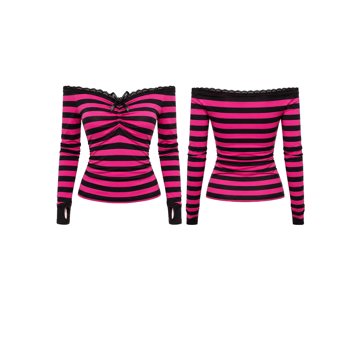 Scene Queen Pink &amp; Black Striped Off-Shoulder Ruched Top