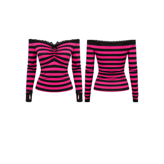 Scene Queen Pink &amp; Black Striped Off-Shoulder Ruched Top