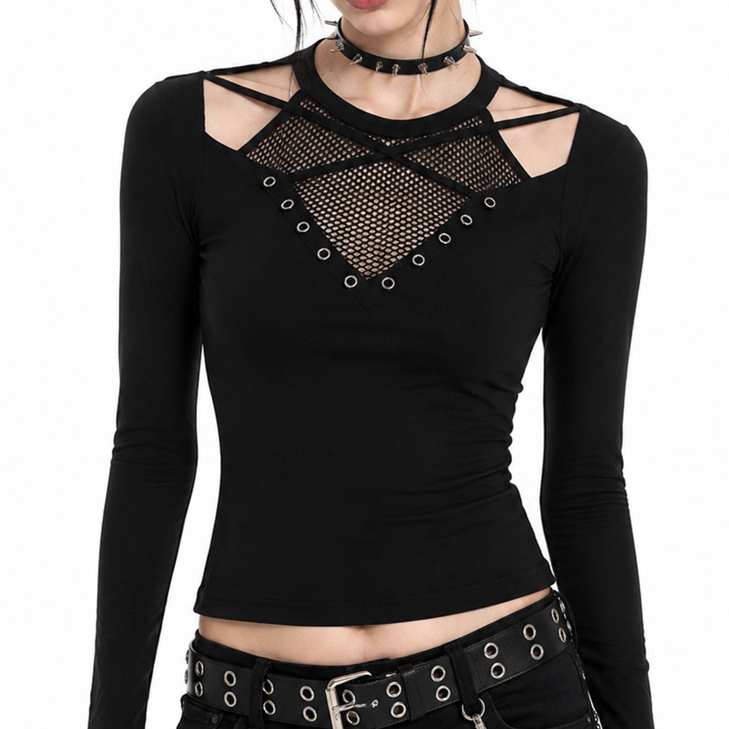 Alt Y2K Mesh Cutout Long Sleeve Top | Black Eyelet Top