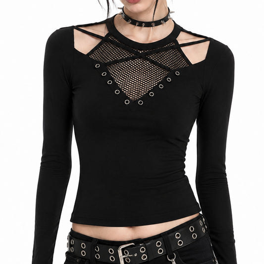 Alt Y2K Mesh Cutout Long Sleeve Top | Black Eyelet Top